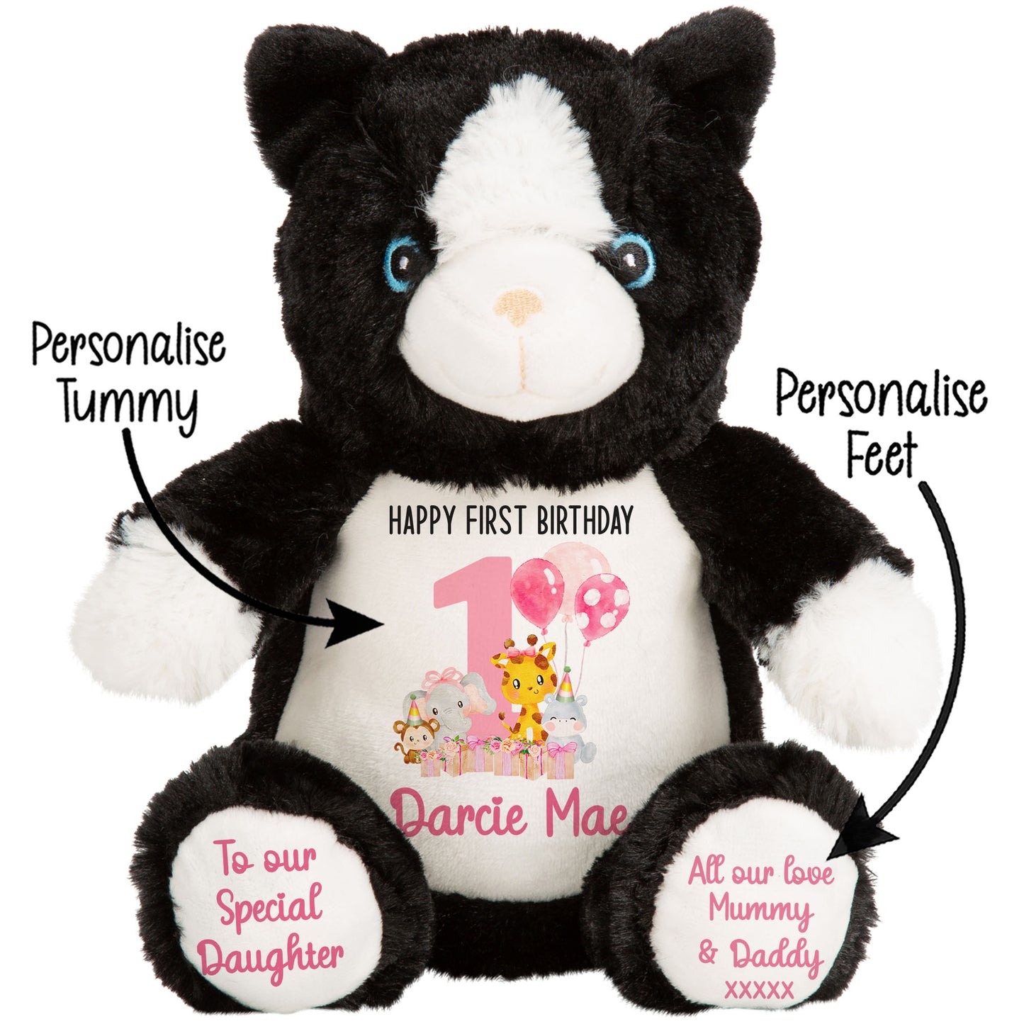 1st birthday pink safari party personalised teddy bears Cat STOCK-CAT