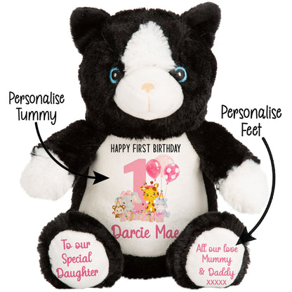 1st birthday pink safari party personalised teddy bears Cat STOCK-CAT