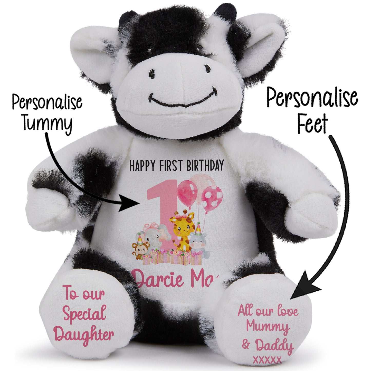 1st birthday pink safari party personalised teddy bears Cow STOCK-COW