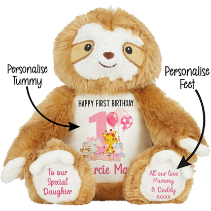 1st birthday pink safari party personalised teddy bears Sloth STOCK-SLOTH