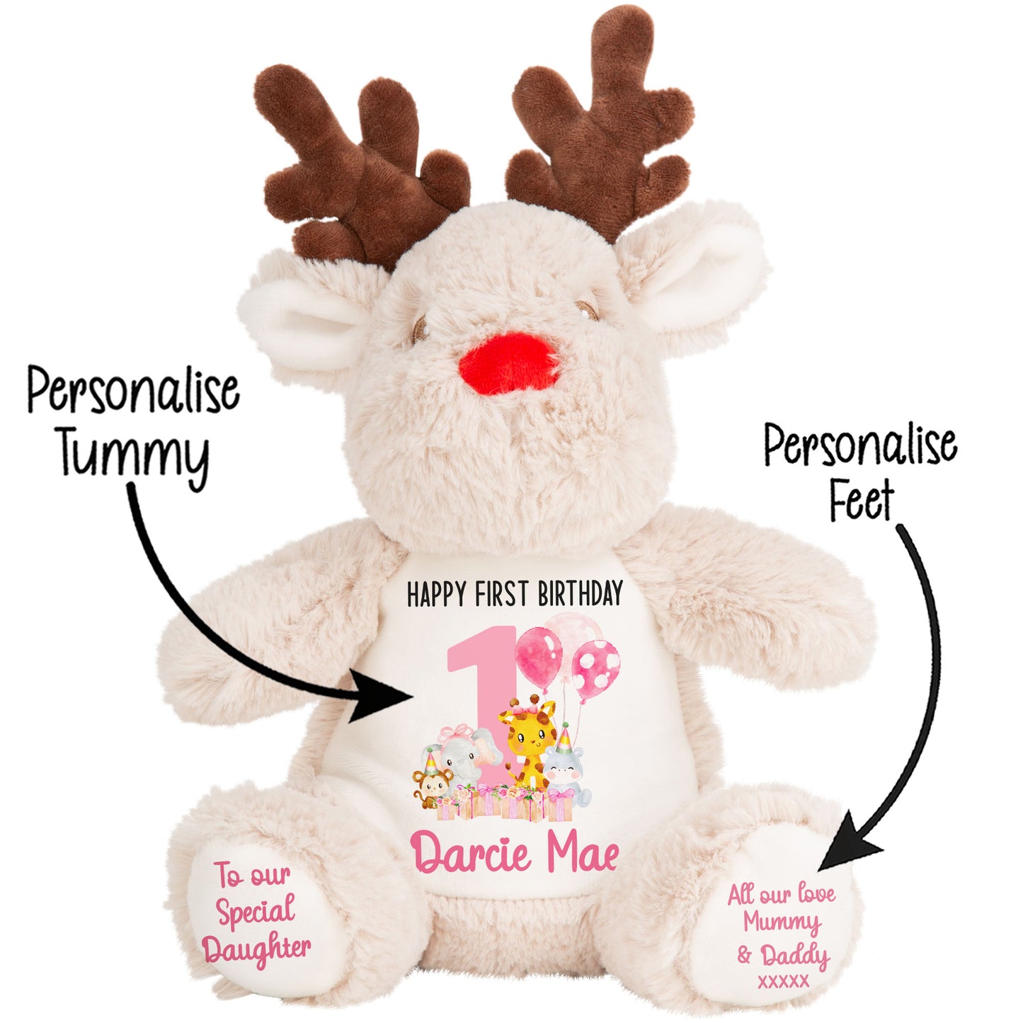 1st birthday pink safari party personalised teddy bears Reindeer STOCK-REINDEER