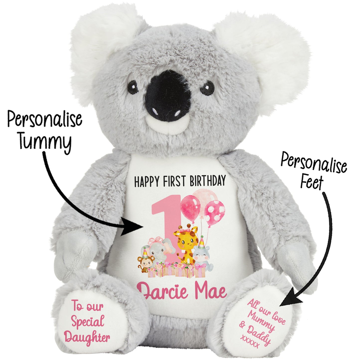 1st birthday pink safari party personalised teddy bears Koala STOCK-KOALA