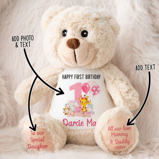 1st birthday pink safari party personalised teddy bears MAIN STOCK-CLASSIC-BROWN