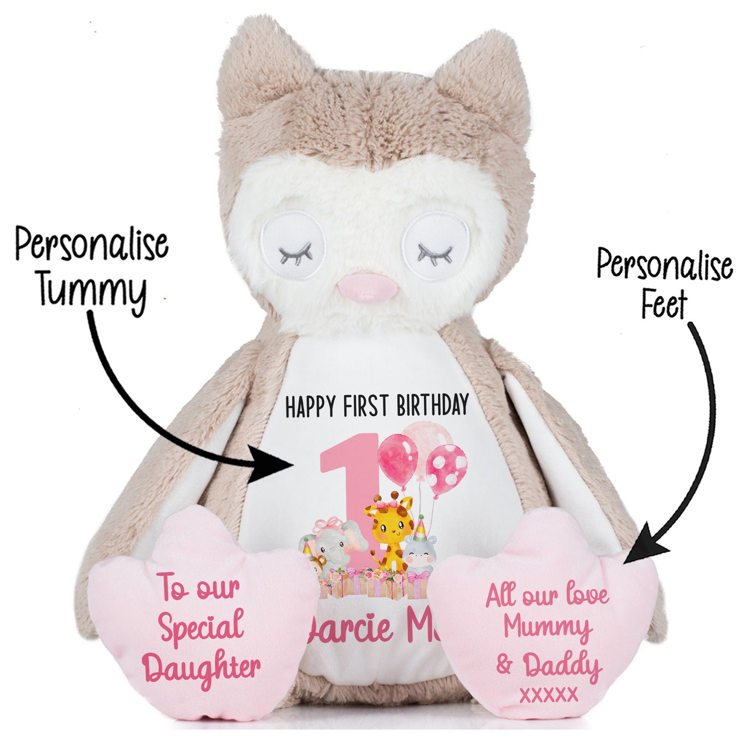 1st birthday pink safari party personalised teddy bears Owl STOCK-OWL