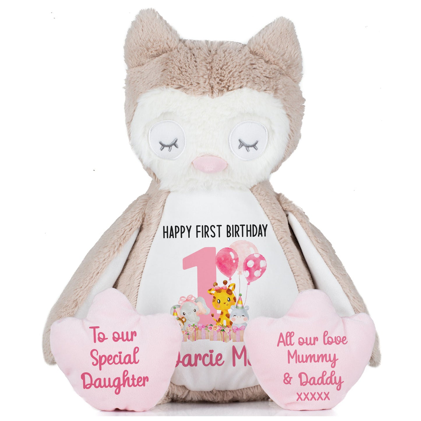 1st birthday pink safari party personalised teddy bears Owl