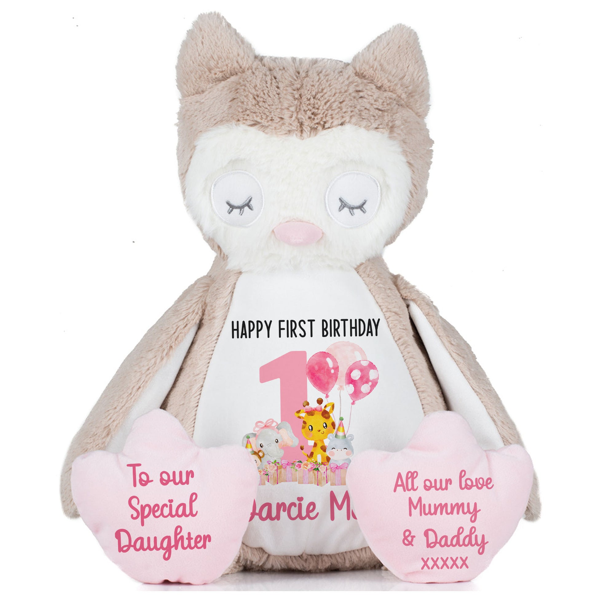1st birthday pink safari party personalised teddy bears Owl