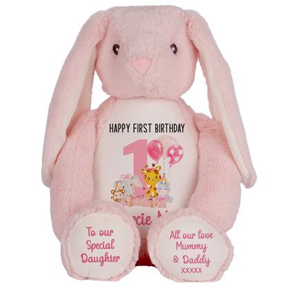 1st birthday pink safari party personalised teddy bears Pink Bunny