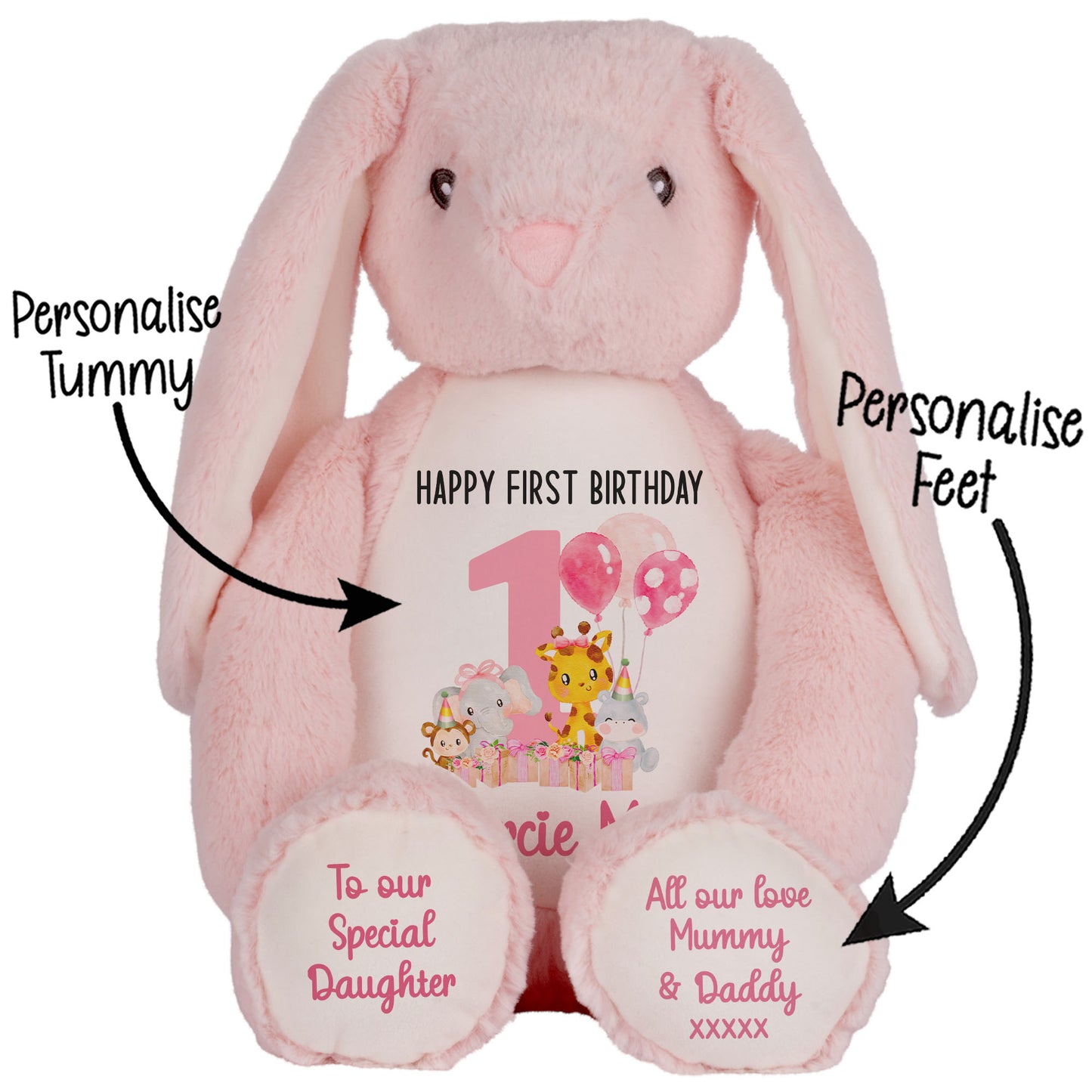 1st birthday pink safari party personalised teddy bears Pink Bunny STOCK-BUNNY-PINK