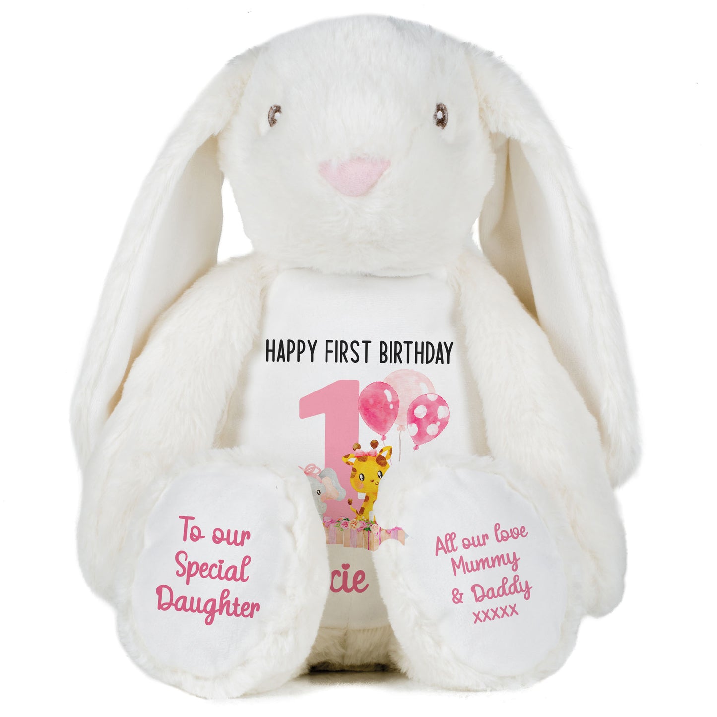 1st birthday pink safari party personalised teddy bears White Bunny