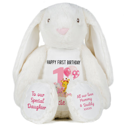 1st birthday pink safari party personalised teddy bears White Bunny