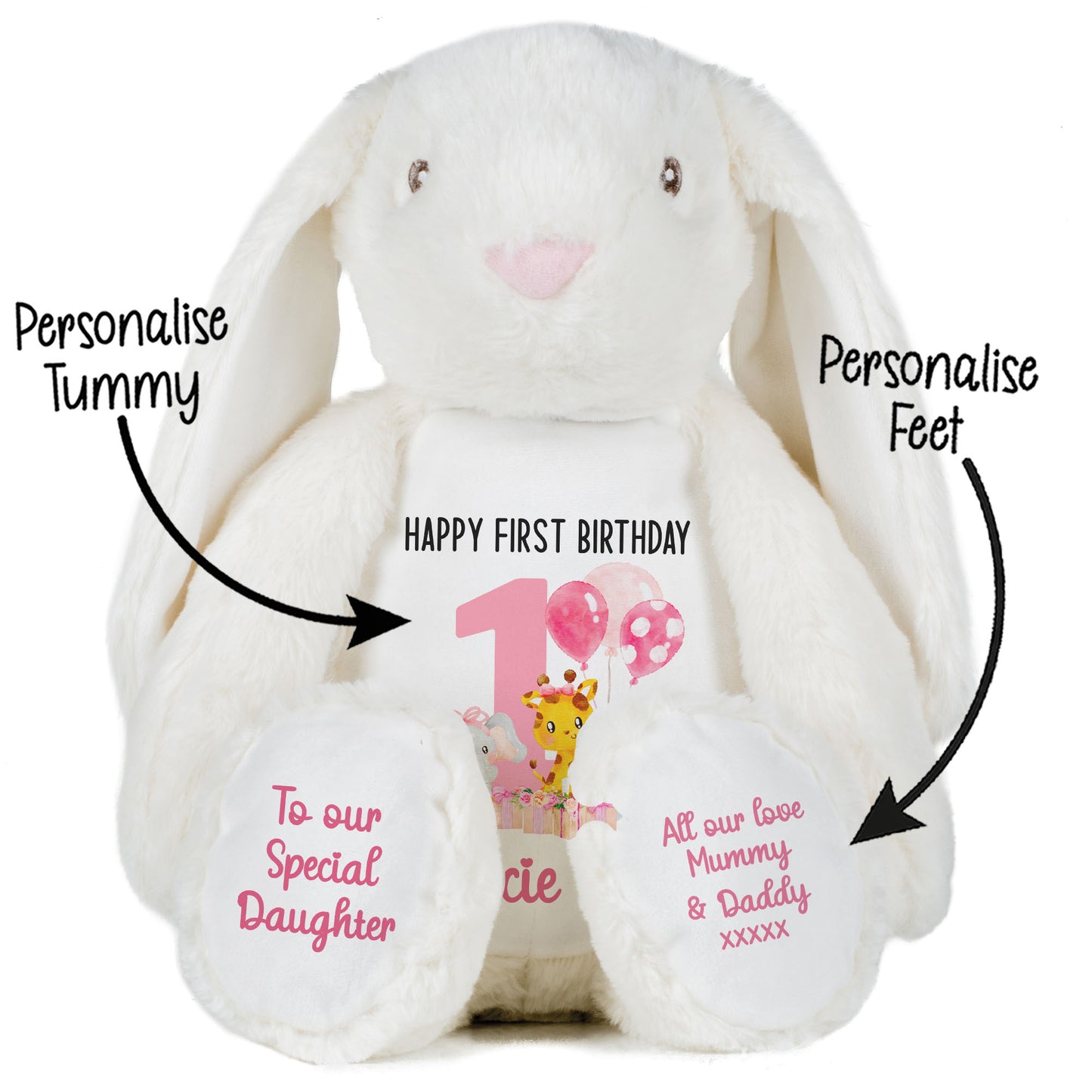 1st birthday pink safari party personalised teddy bears White Bunny STOCK-BUNNY-WHITE