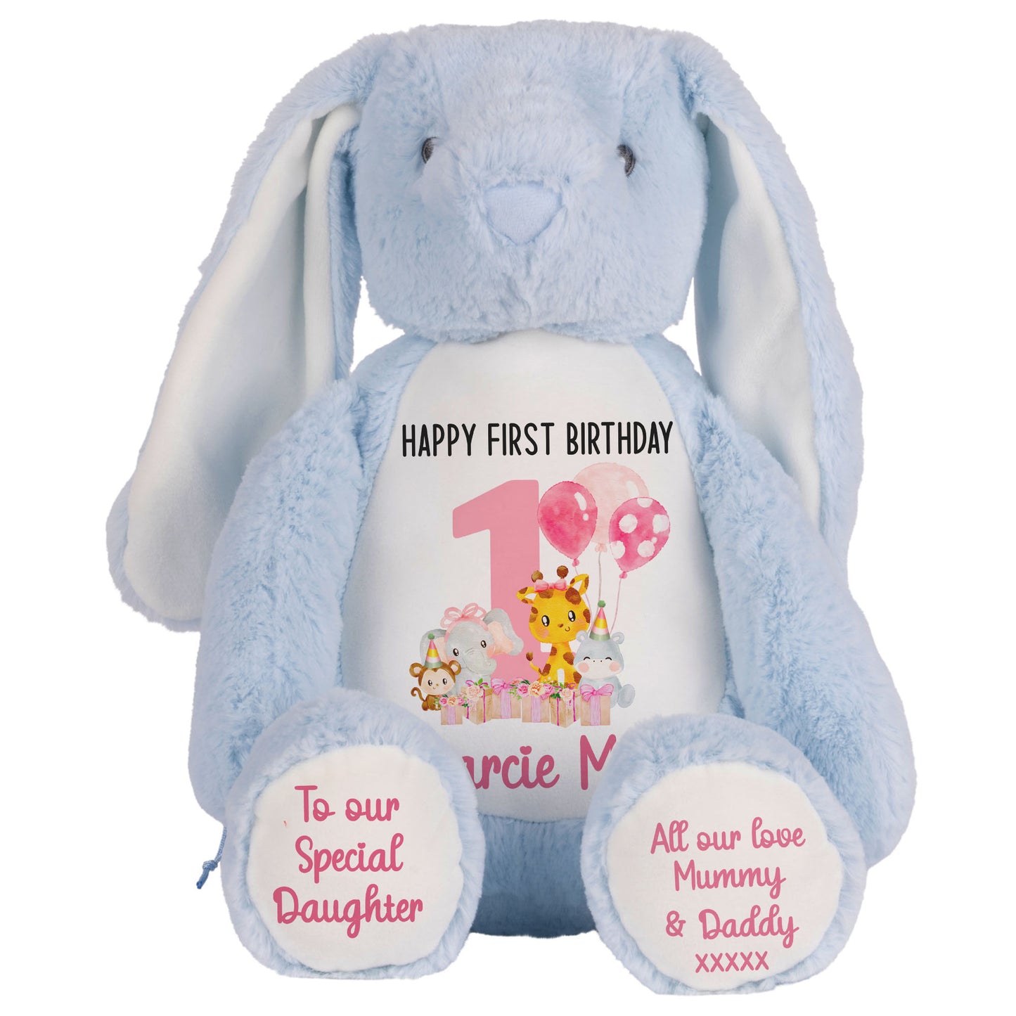 1st birthday pink safari party personalised teddy bears Blue Bunny