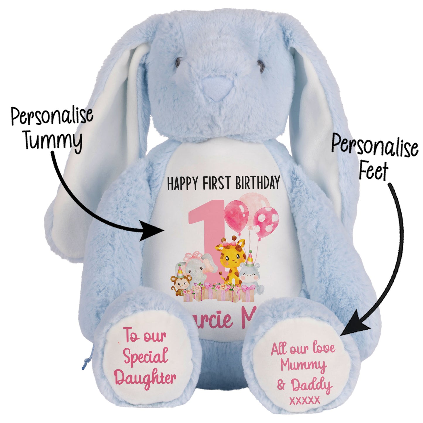 1st birthday pink safari party personalised teddy bears Blue Bunny STOCK-BUNNY-BLUE
