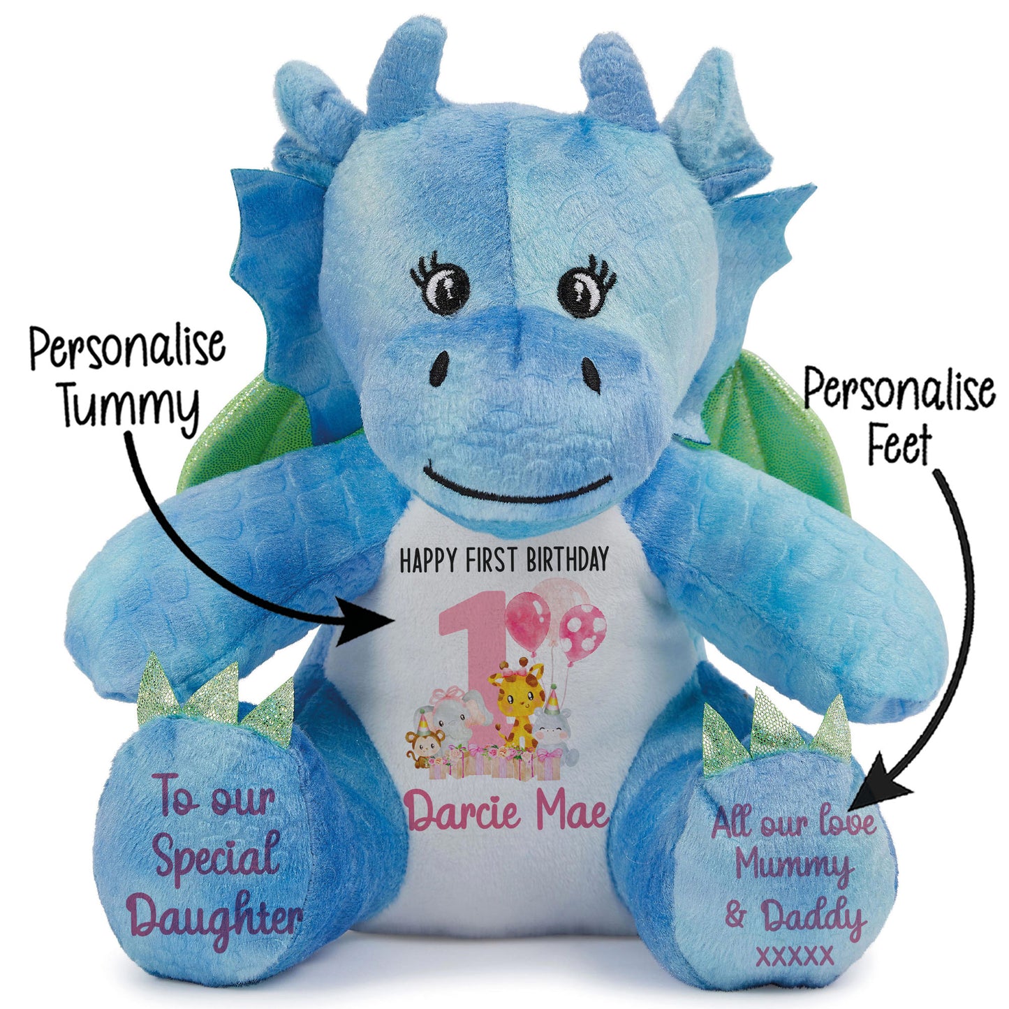1st birthday pink safari party personalised teddy bears Dragon STOCK-DRAGON