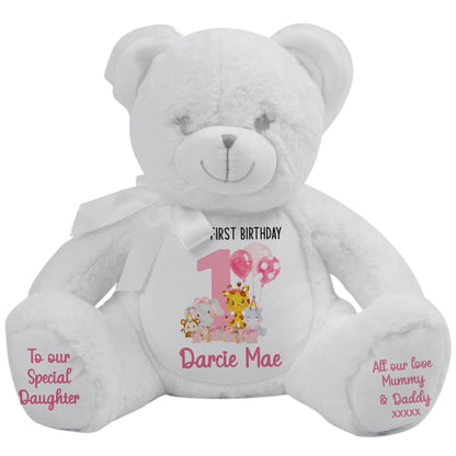 1st birthday pink safari party personalised teddy bears White Bear