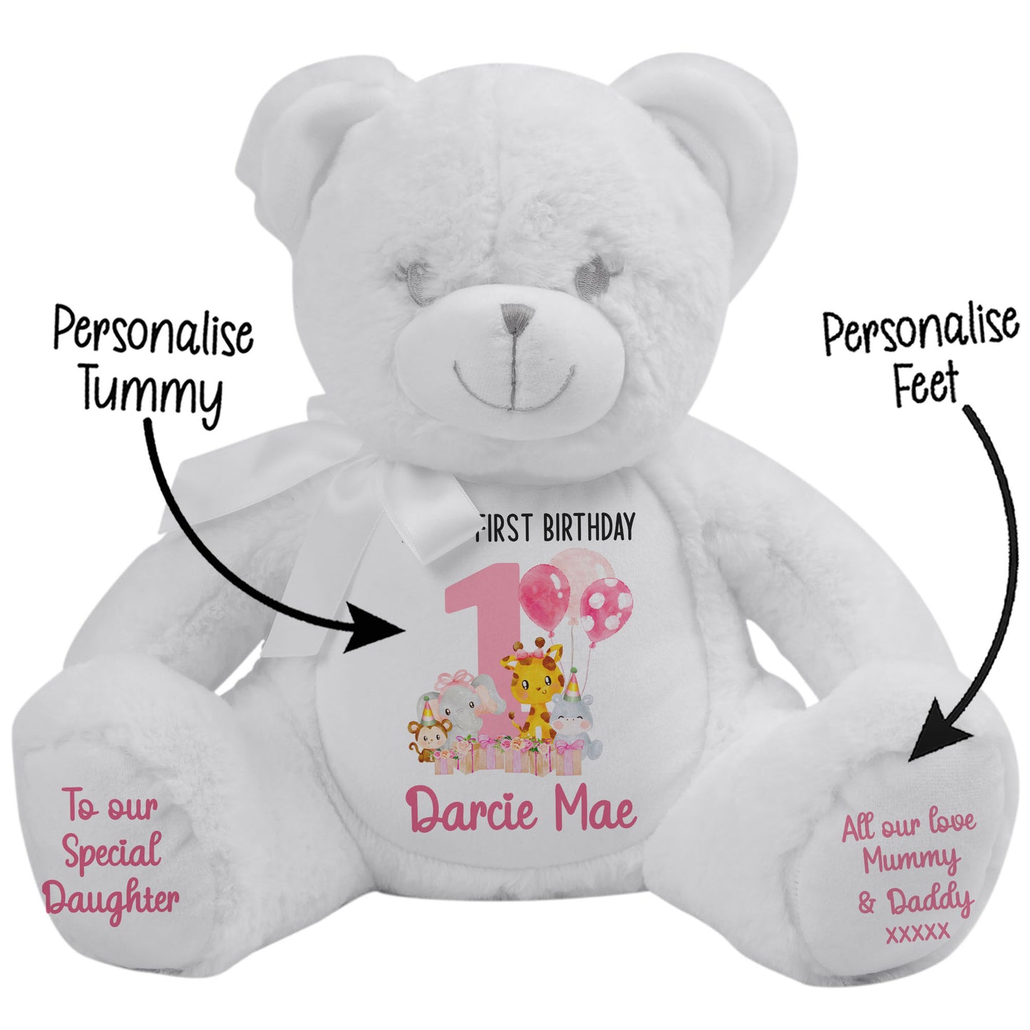 1st birthday pink safari party personalised teddy bears White Bear STOCK-WHITE