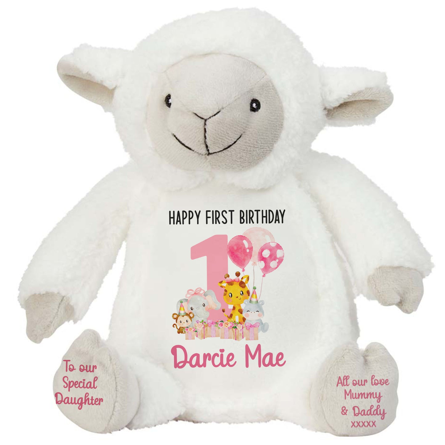 1st birthday pink safari party personalised teddy bears Lamb