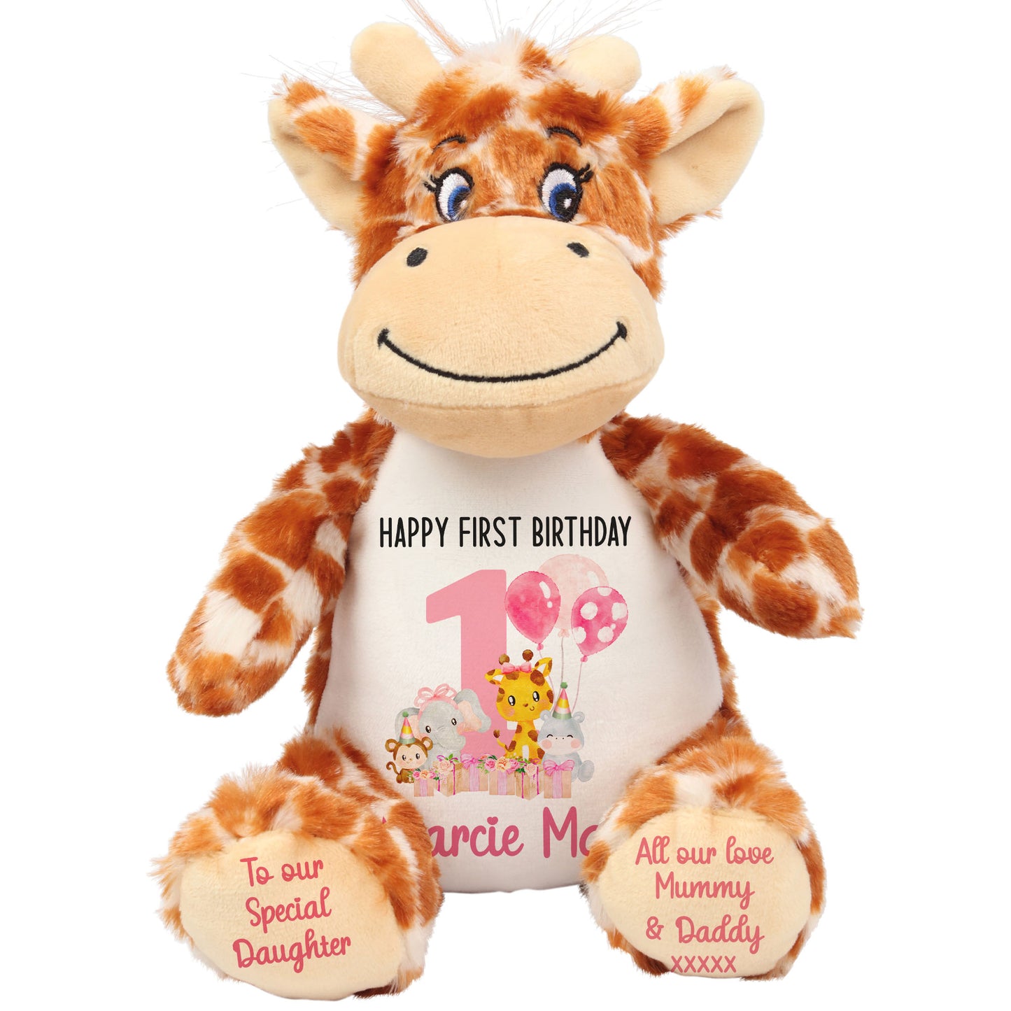 1st birthday pink safari party personalised teddy bears Giraffe