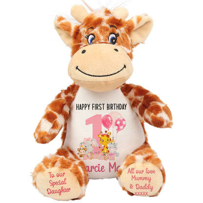 1st birthday pink safari party personalised teddy bears Giraffe