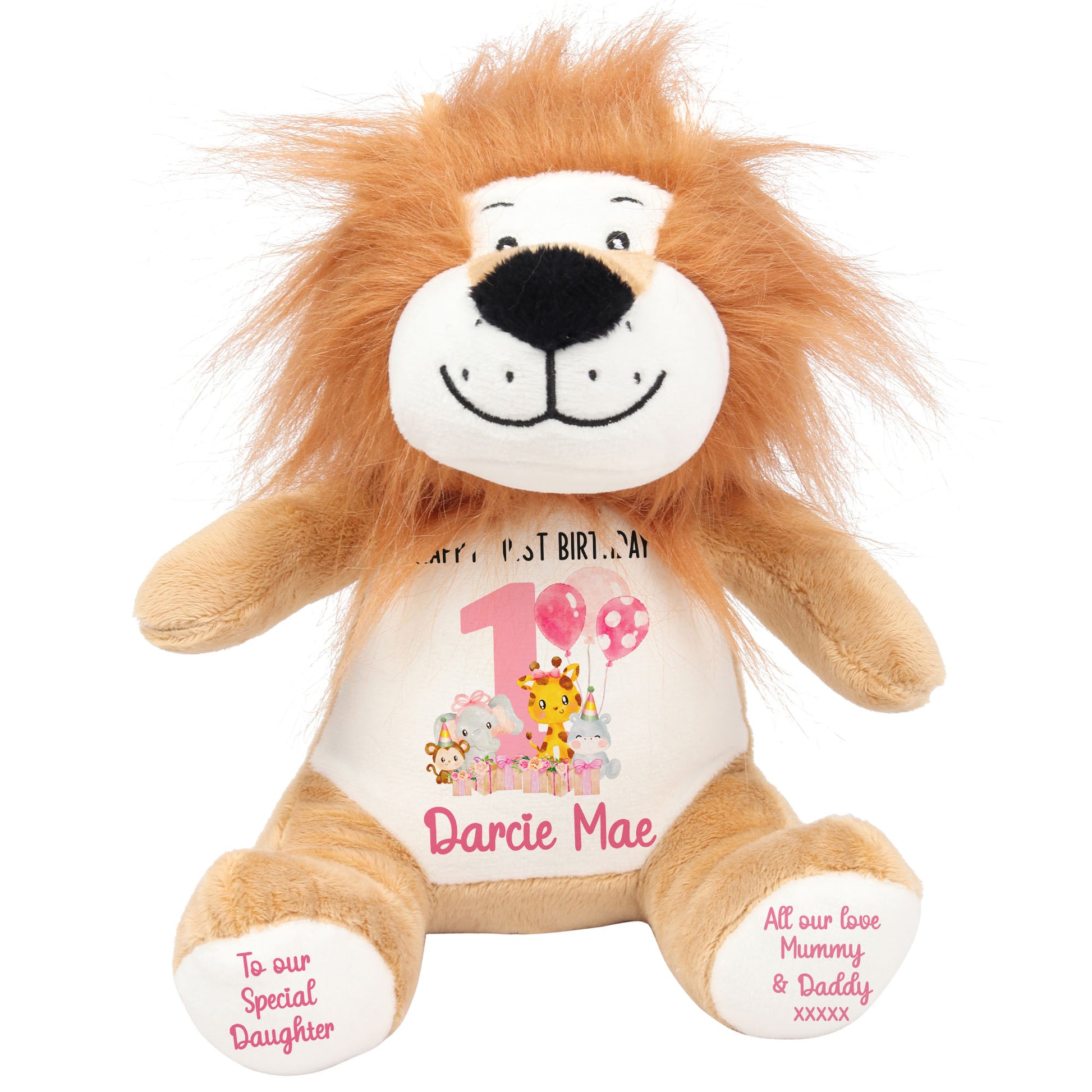 1st birthday pink safari party personalised teddy bears Lion