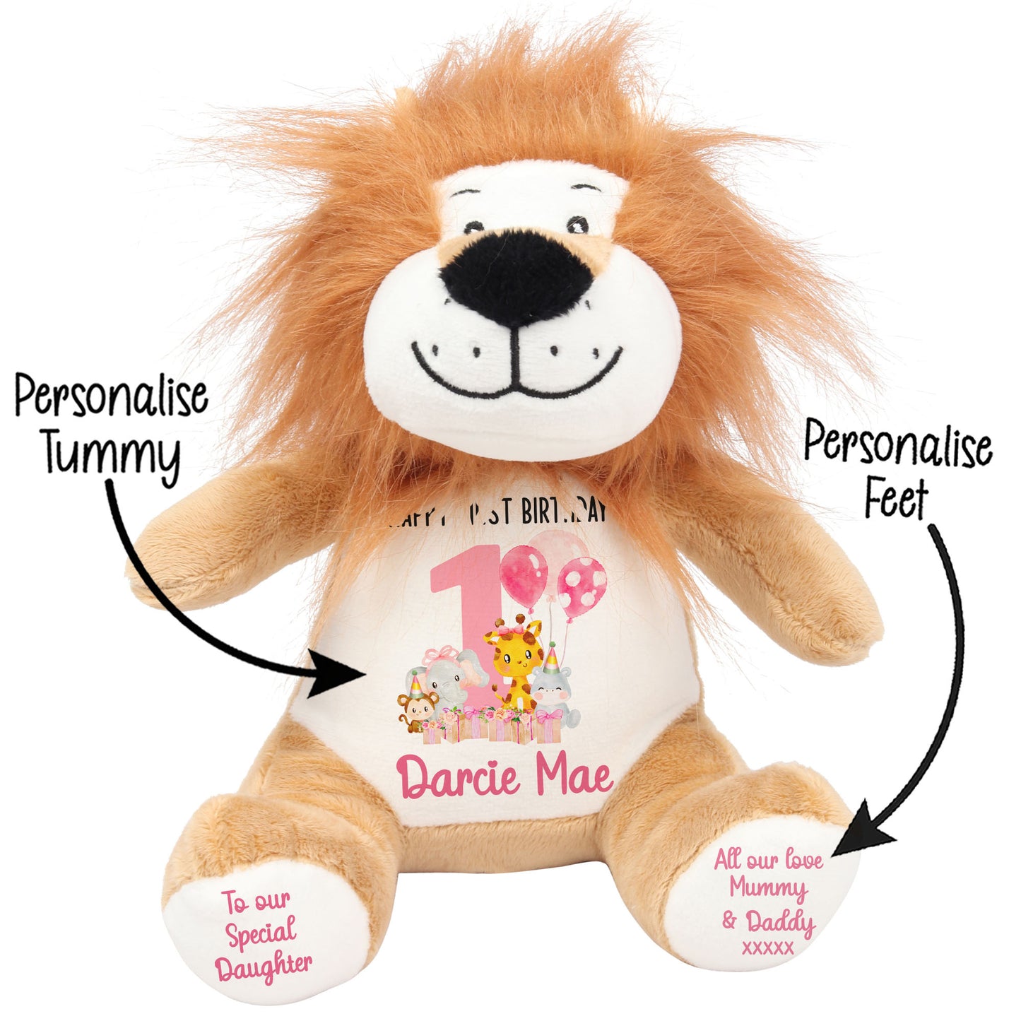 1st birthday pink safari party personalised teddy bears Lion STOCK-LION
