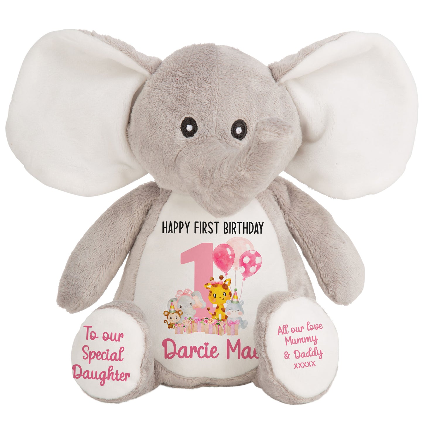 1st birthday pink safari party personalised teddy bears Elephant