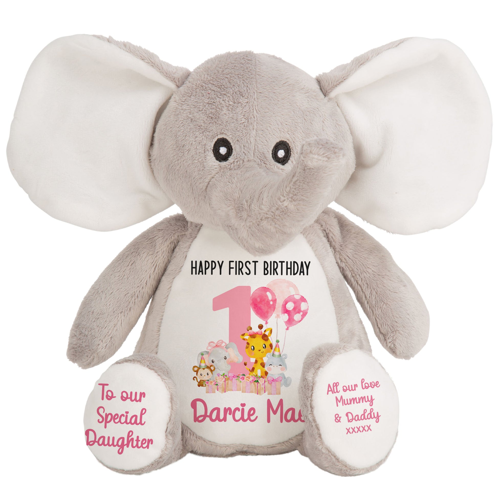 1st birthday pink safari party personalised teddy bears Elephant