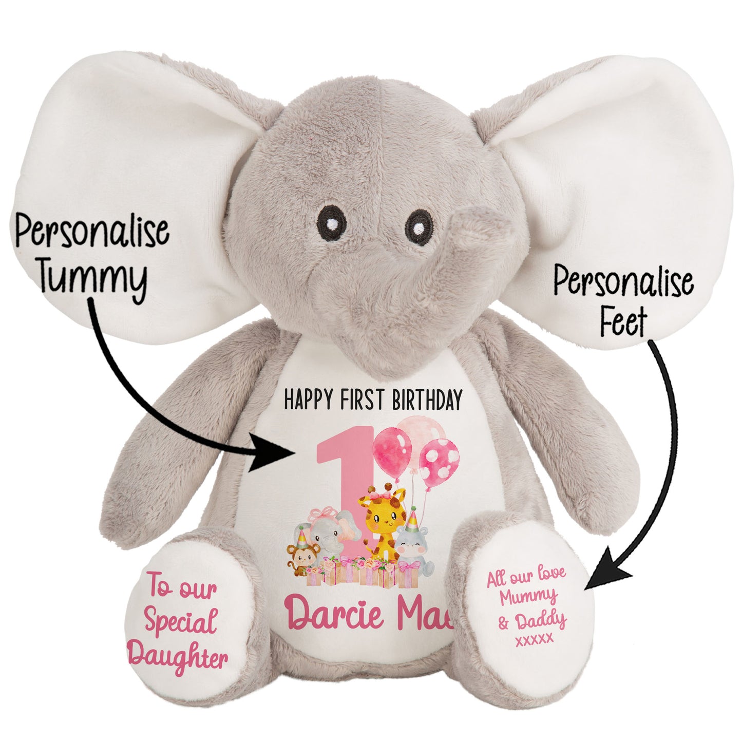 1st birthday pink safari party personalised teddy bears Elephant STOCK-ELEPHANT