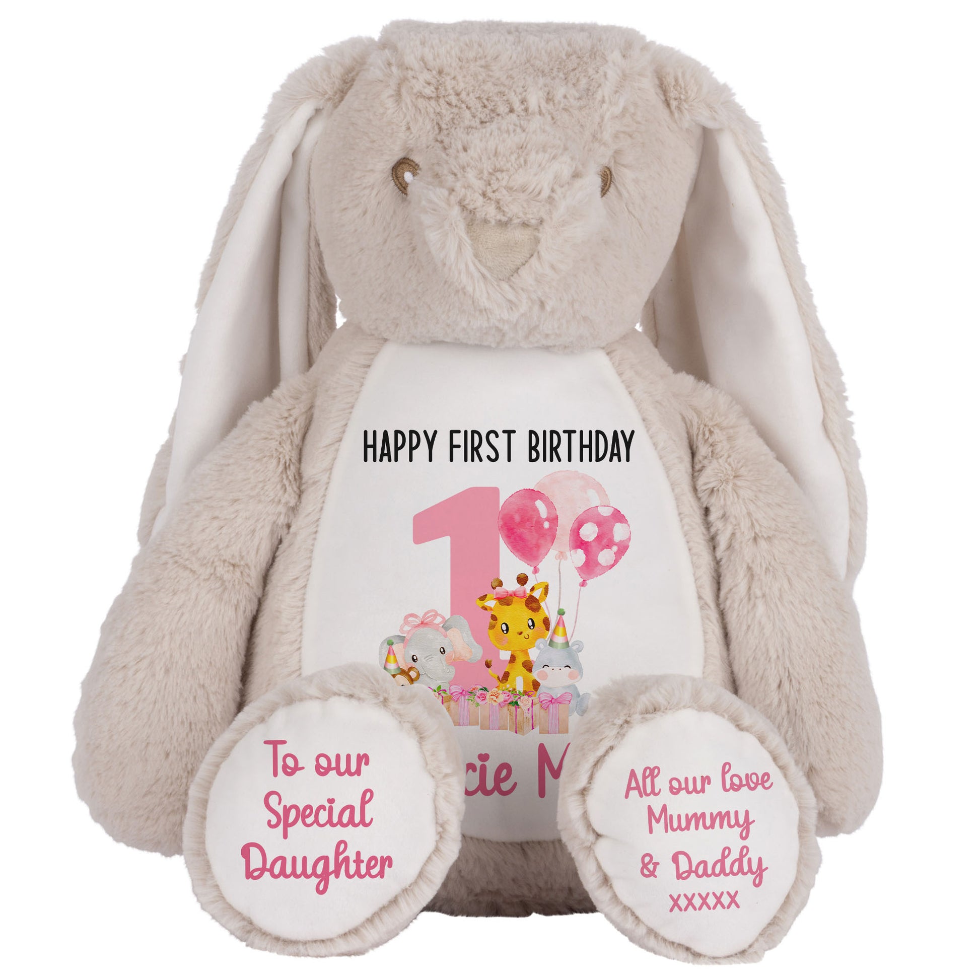 1st birthday pink safari party personalised teddy bears Brown Bunny