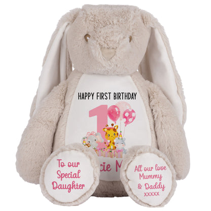 1st birthday pink safari party personalised teddy bears Brown Bunny
