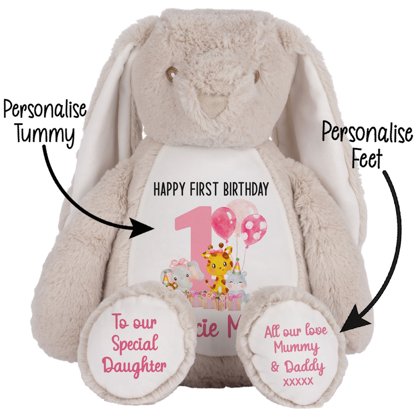 1st birthday pink safari party personalised teddy bears Brown Bunny STOCK-BUNNY-BROWN