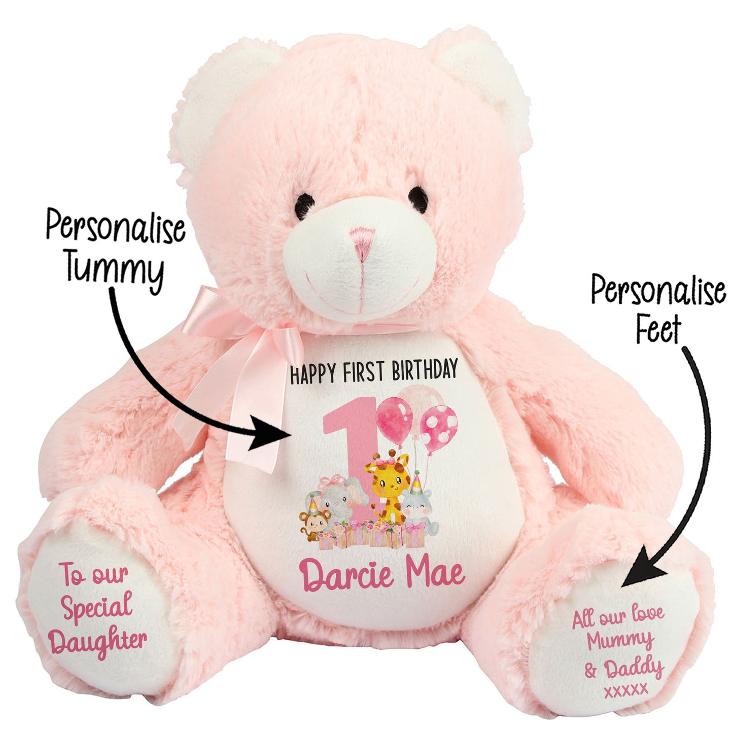 1st birthday pink safari party personalised teddy bears Pink Bear STOCK-PINK