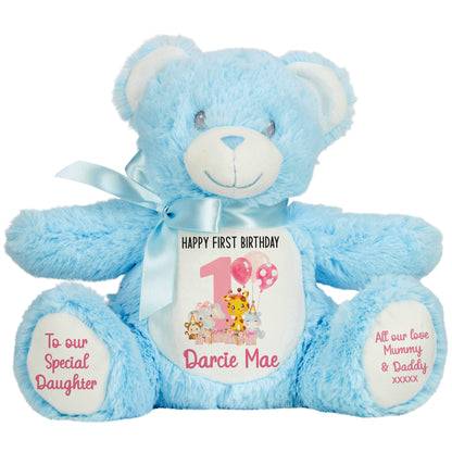 1st birthday pink safari party personalised teddy bears Blue Bear