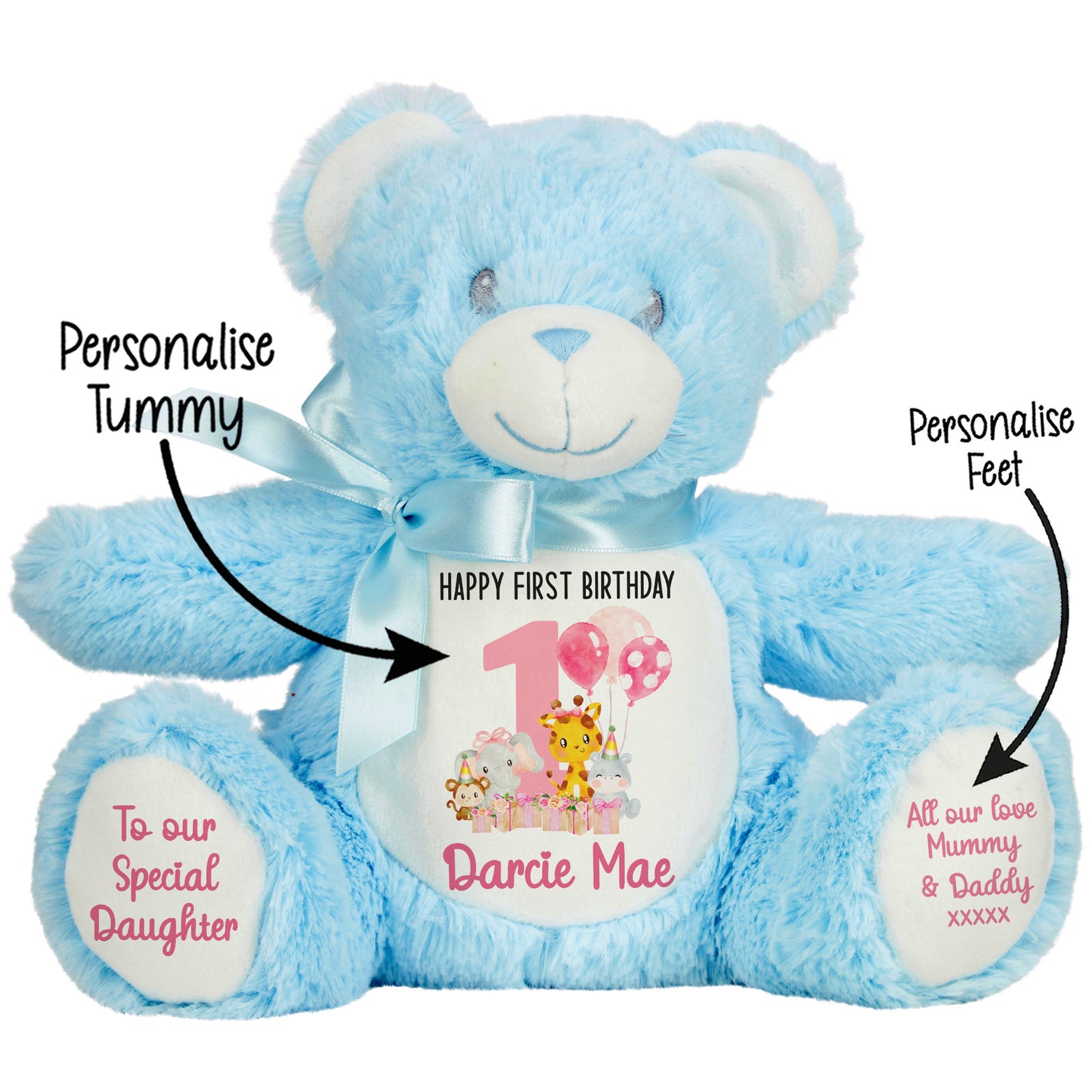 1st birthday pink safari party personalised teddy bears Blue Bear STOCK-BLUE