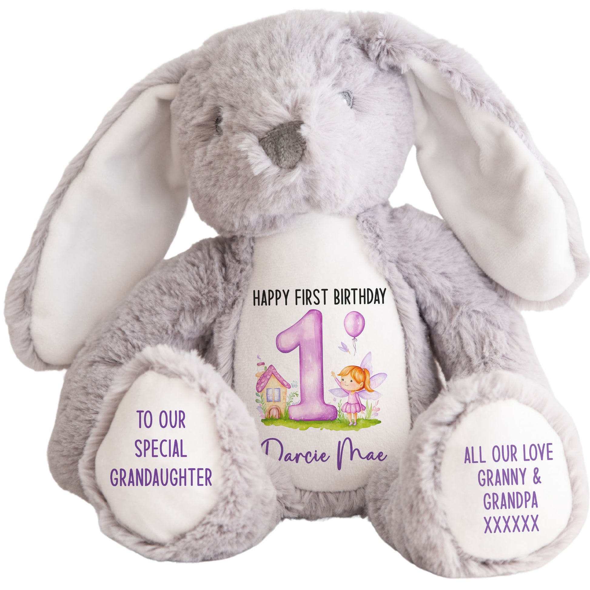 1st birthday purple fair personalised teddy bear Grey Bunny