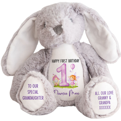 1st birthday purple fair personalised teddy bear Grey Bunny