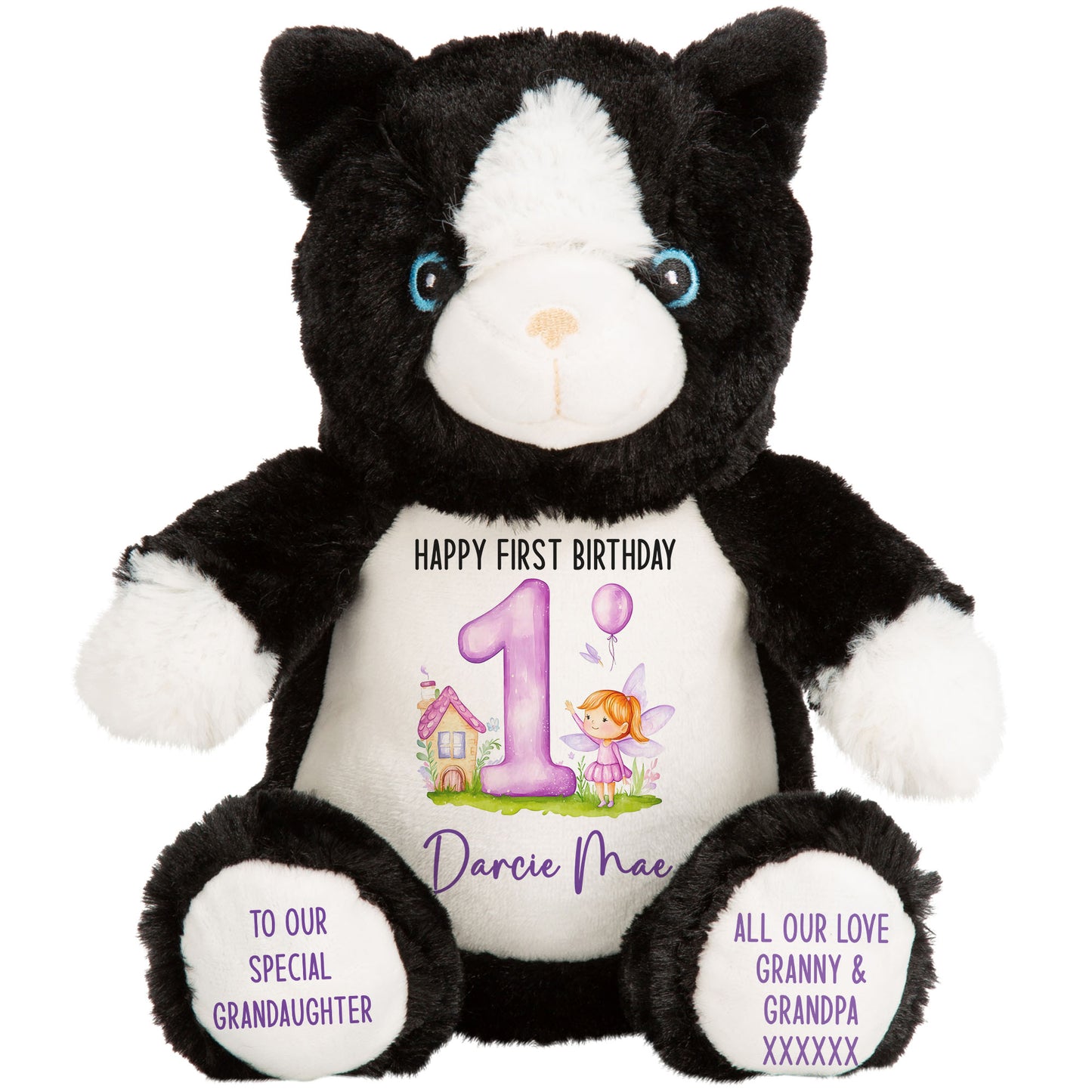 1st birthday purple fair personalised teddy bear Cat