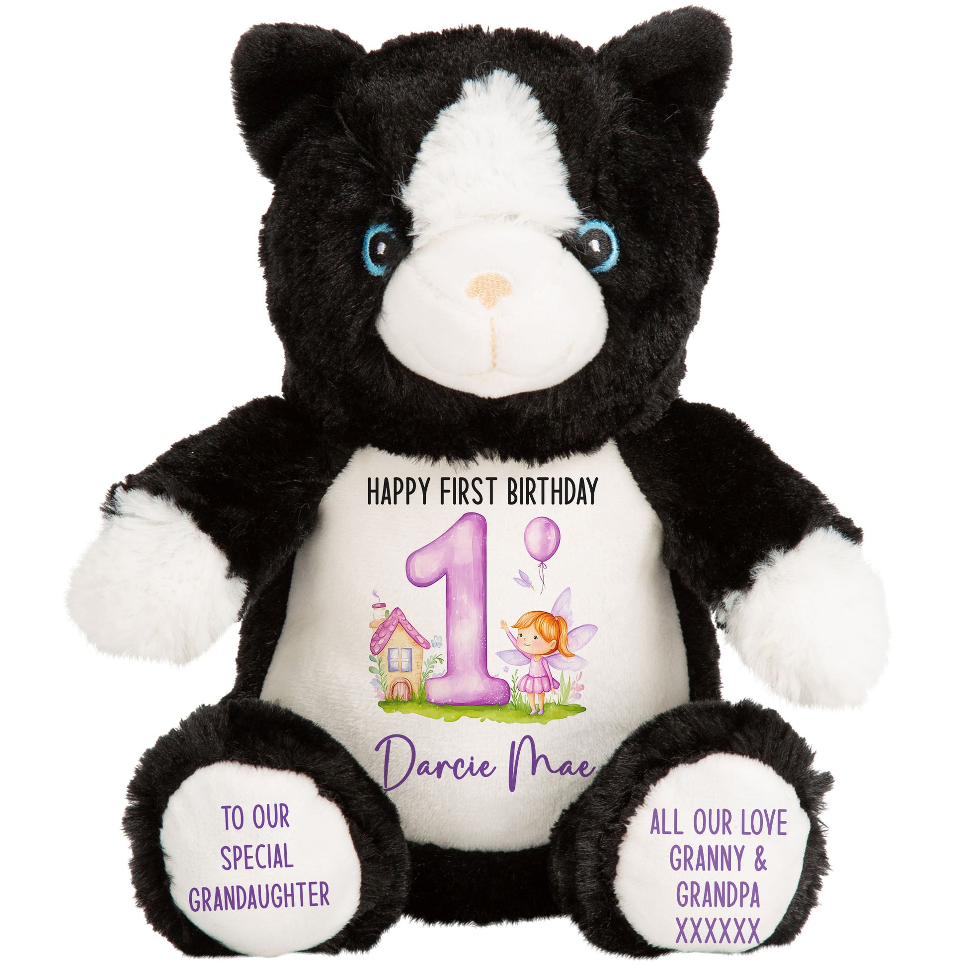 1st birthday purple fair personalised teddy bear Cat