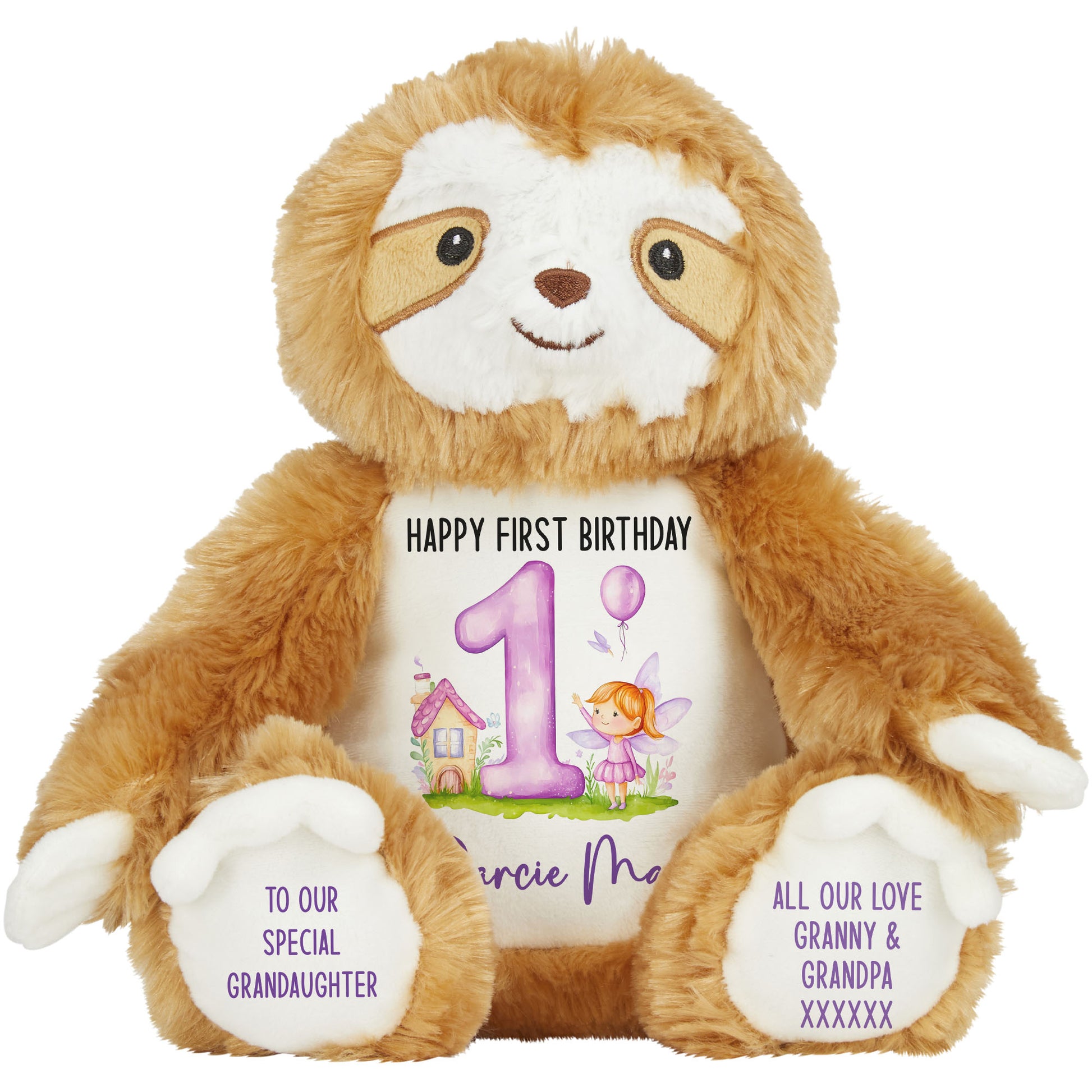 1st birthday purple fair personalised teddy bear Sloth