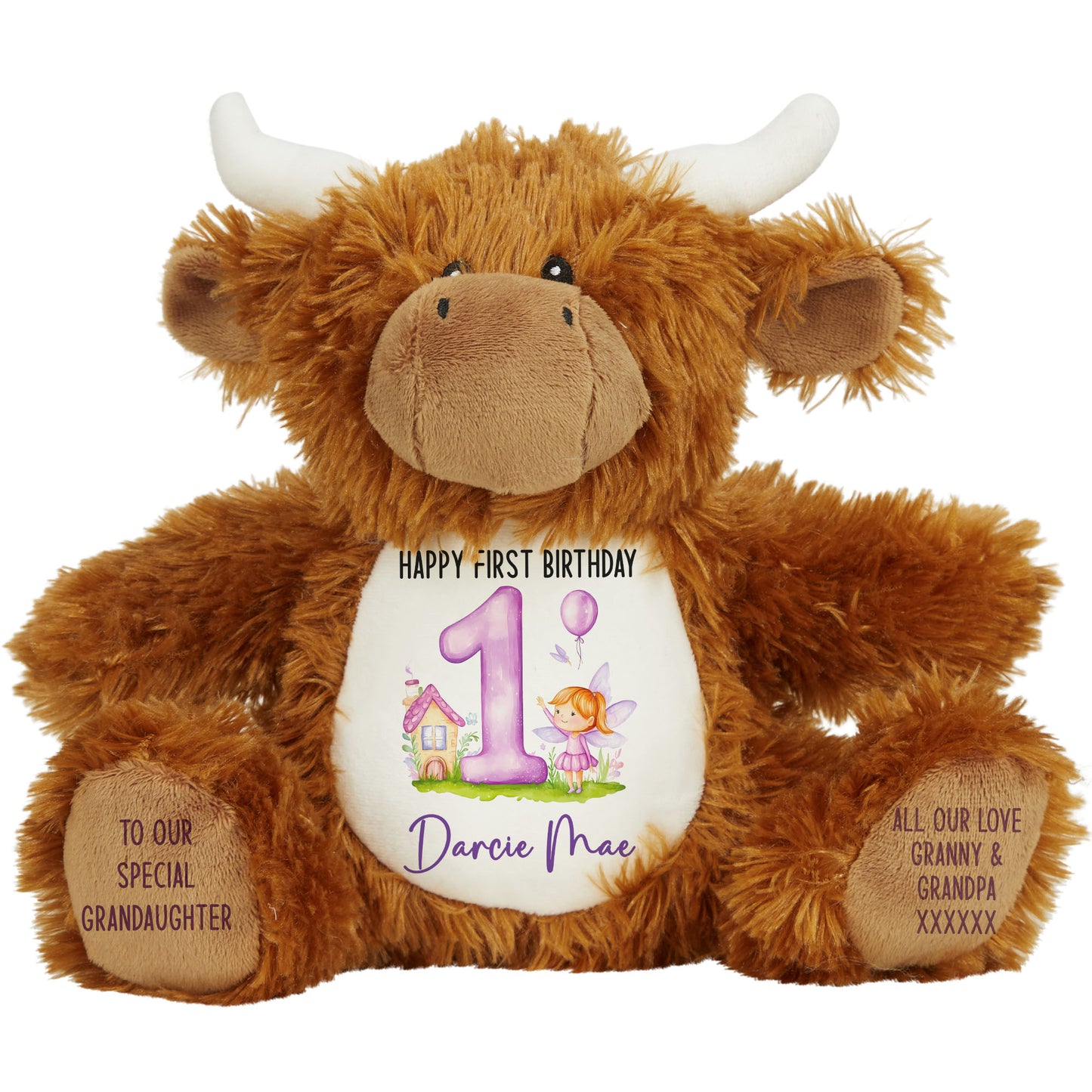 1st birthday purple fair personalised teddy bear Highland Cow