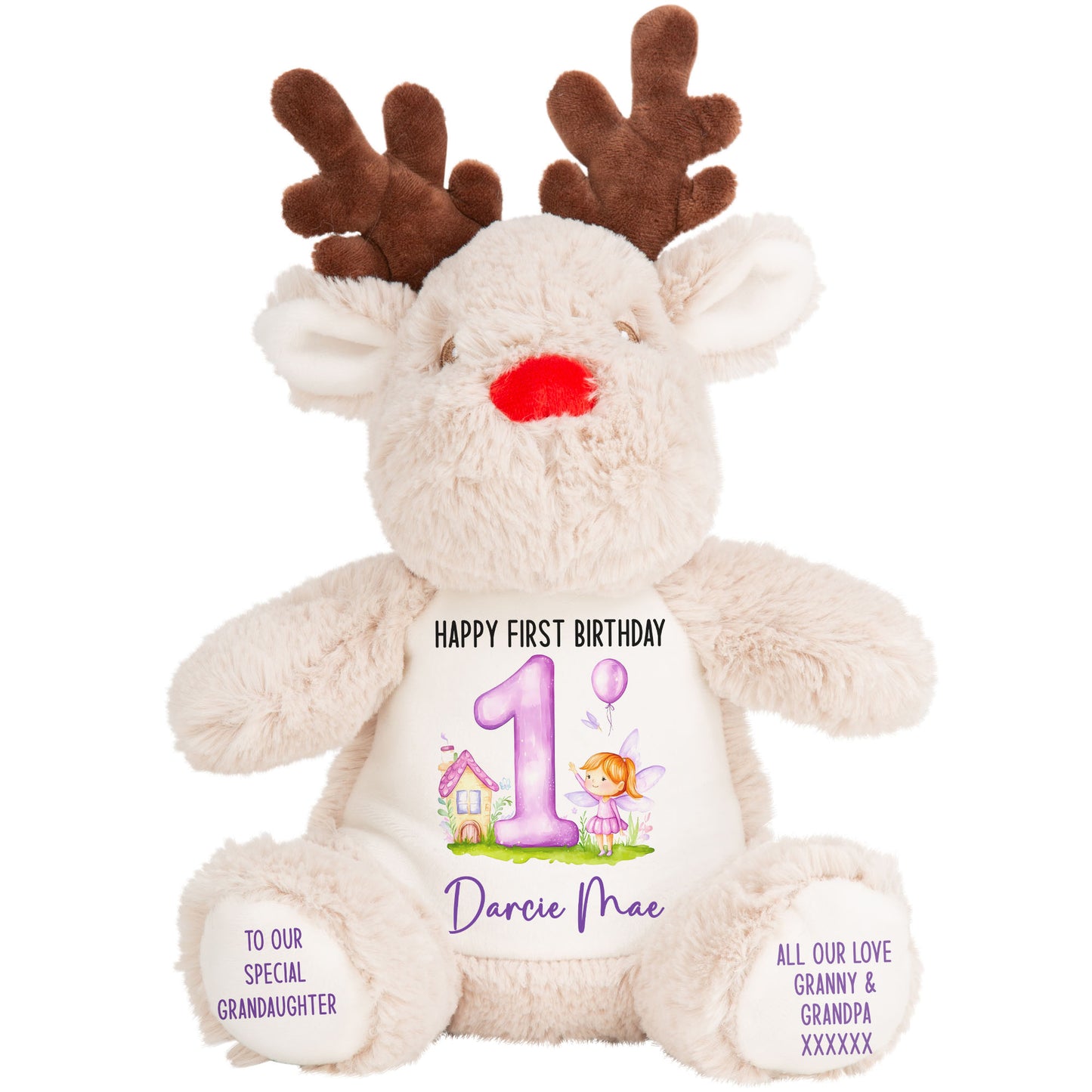 1st birthday purple fair personalised teddy bear Reindeer