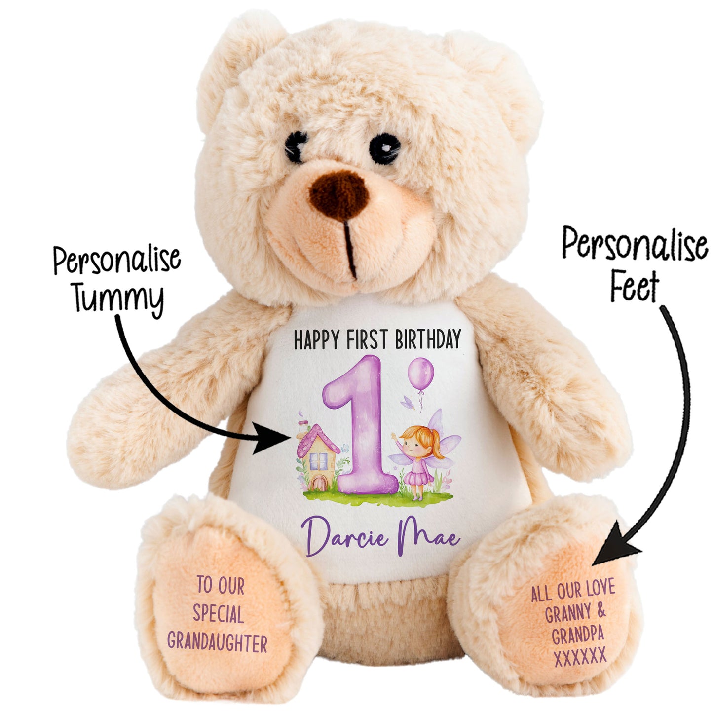 1st birthday purple fair personalised teddy bear Brown Bear STOCK-BUNNY-BROWN