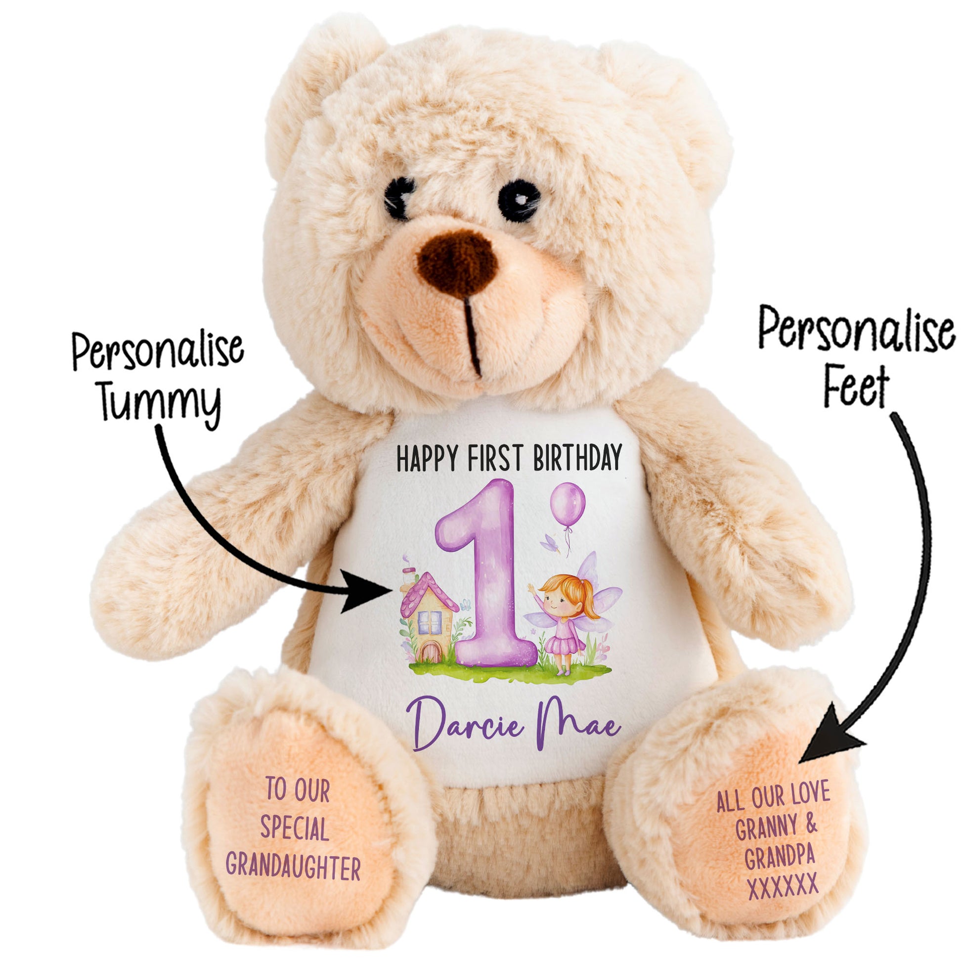 1st birthday purple fair personalised teddy bear Brown Bear STOCK-BUNNY-BROWN