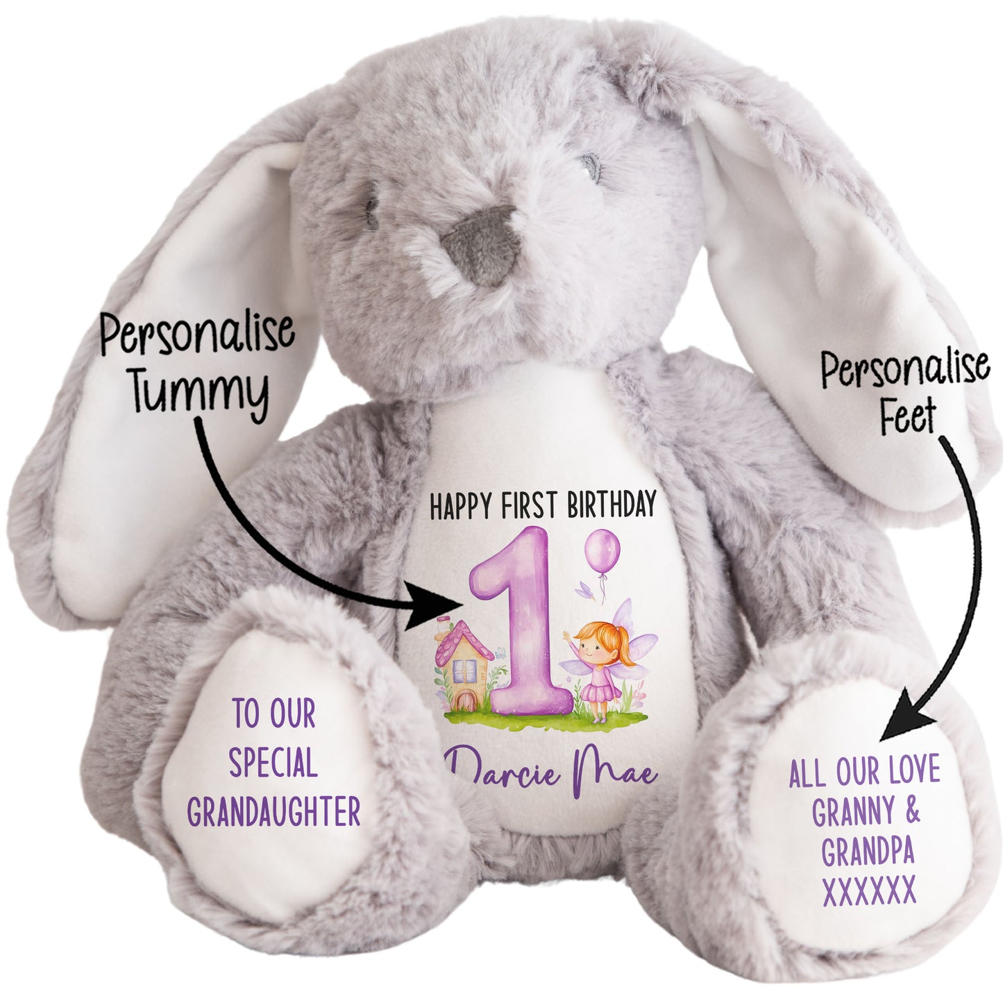 1st birthday purple fair personalised teddy bear Grey Bunny STOCK-BUNNY-GREY