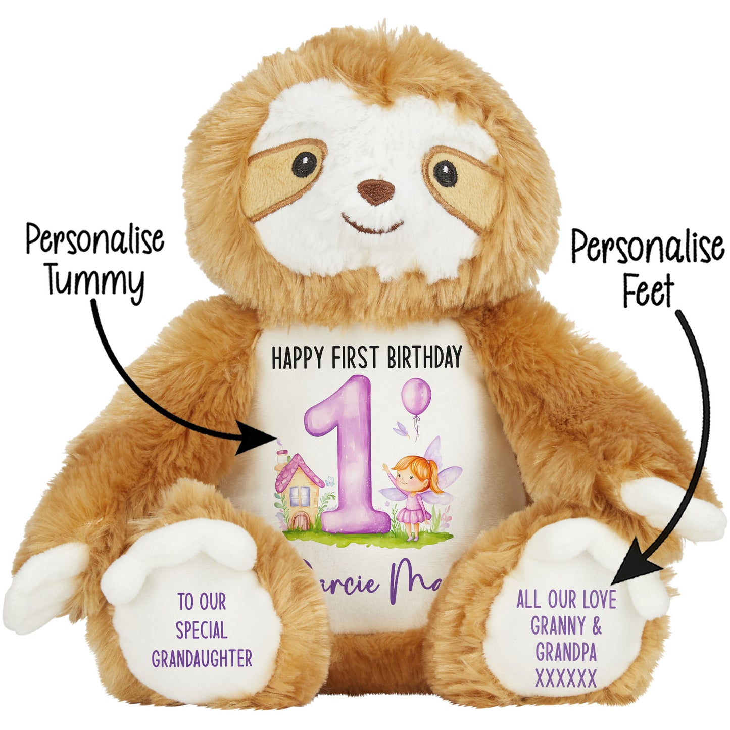 1st birthday purple fair personalised teddy bear Sloth STOCK-SLOTH