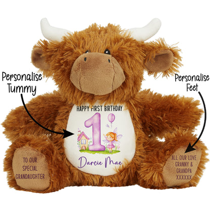 1st birthday purple fair personalised teddy bear Highland Cow STOCK-HIGHLAND-COW