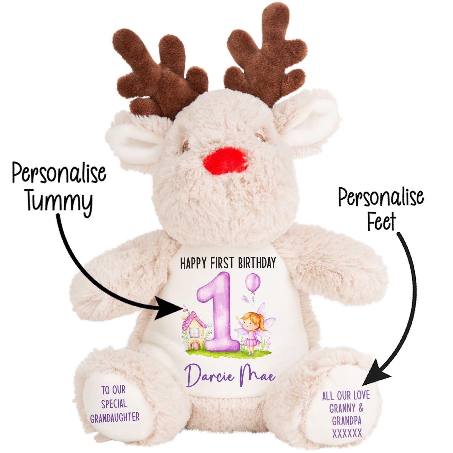1st birthday purple fair personalised teddy bear Reindeer STOCK-REINDEER