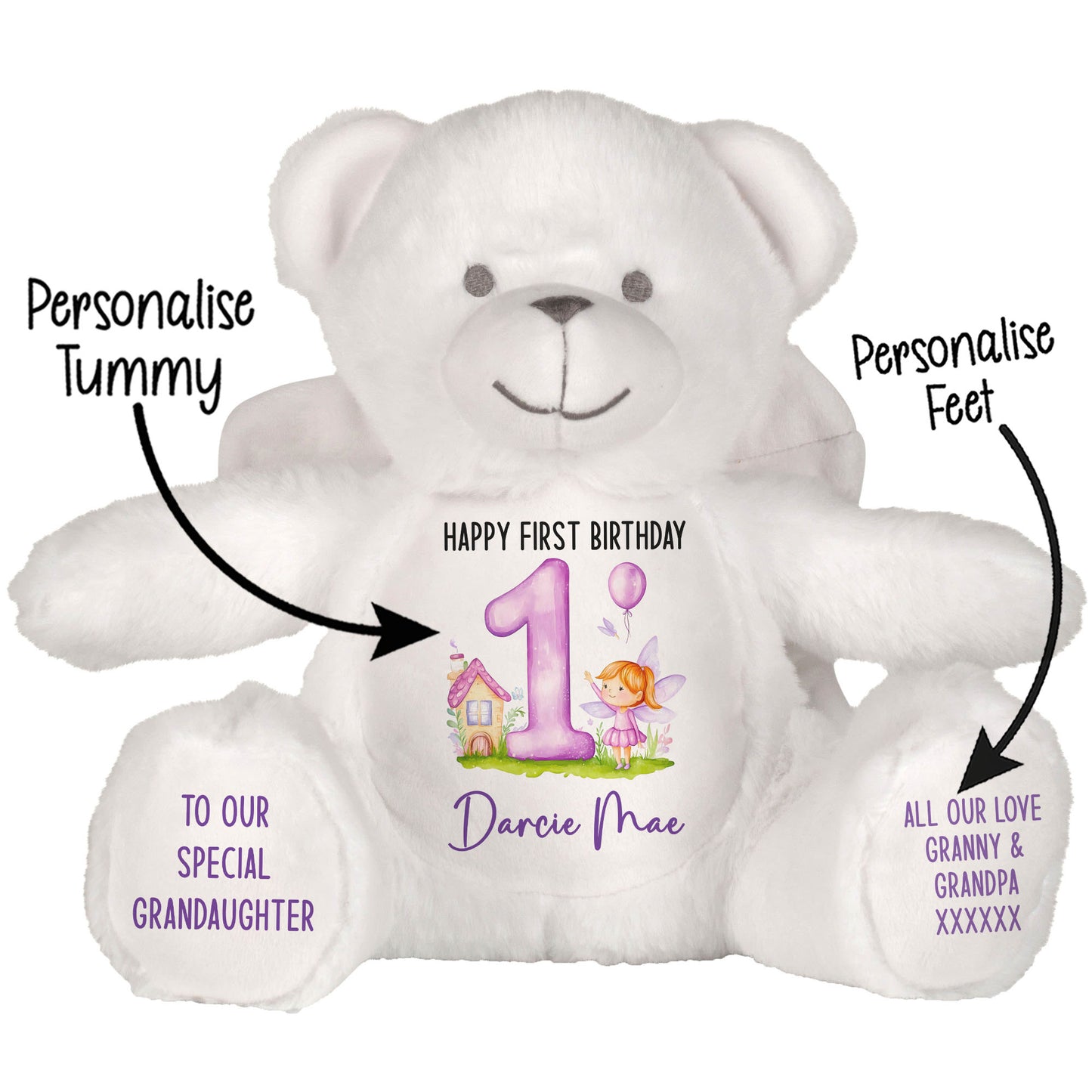 1st birthday purple fair personalised teddy bear Angel STOCK-ANGEL