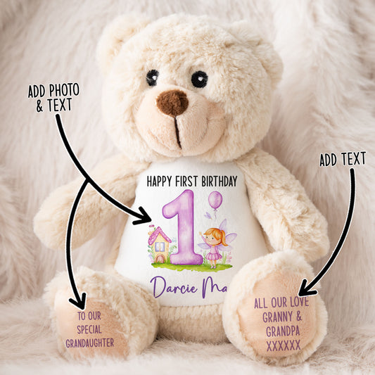 1st birthday purple fair personalised teddy bear MAIN STOCK-CLASSIC-BROWN