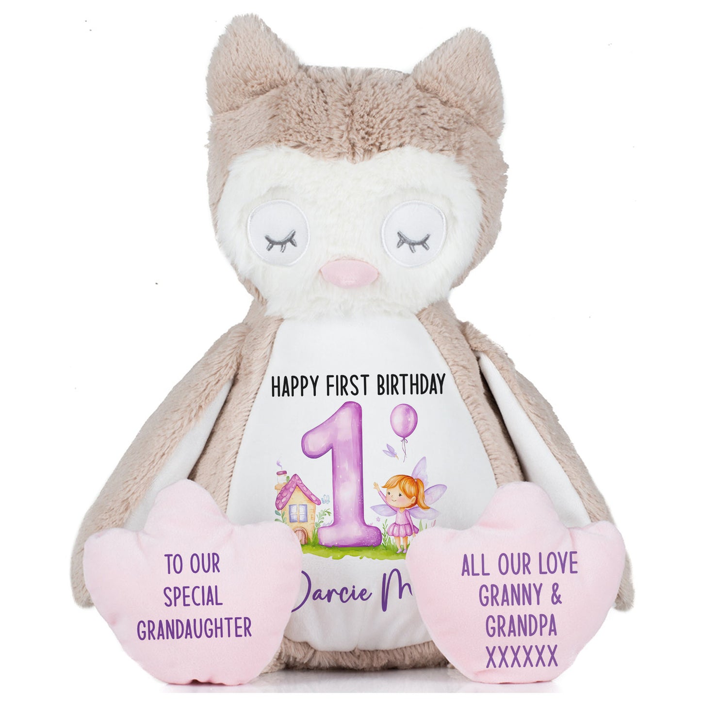 1st birthday purple fair personalised teddy bear Owl